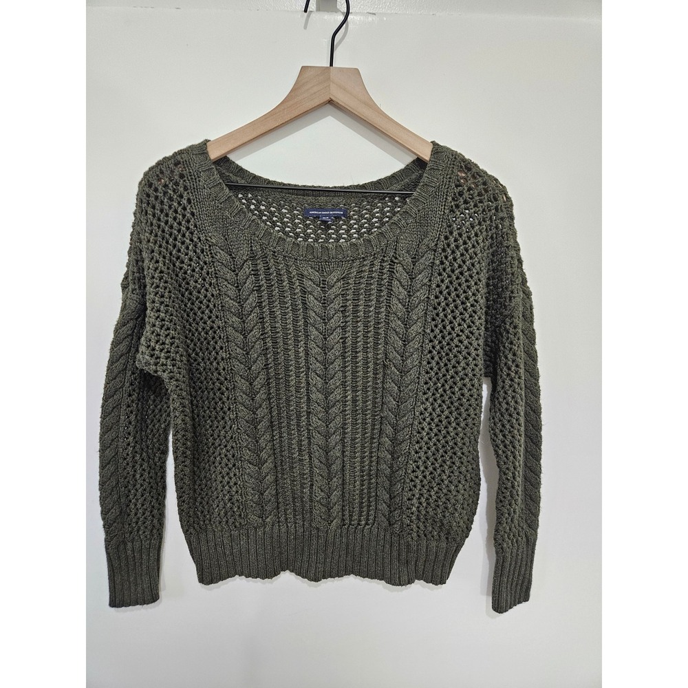 American Eagle Olive Green Cable Knit Open Stitch Crochet Sweater‎ Womens Medium